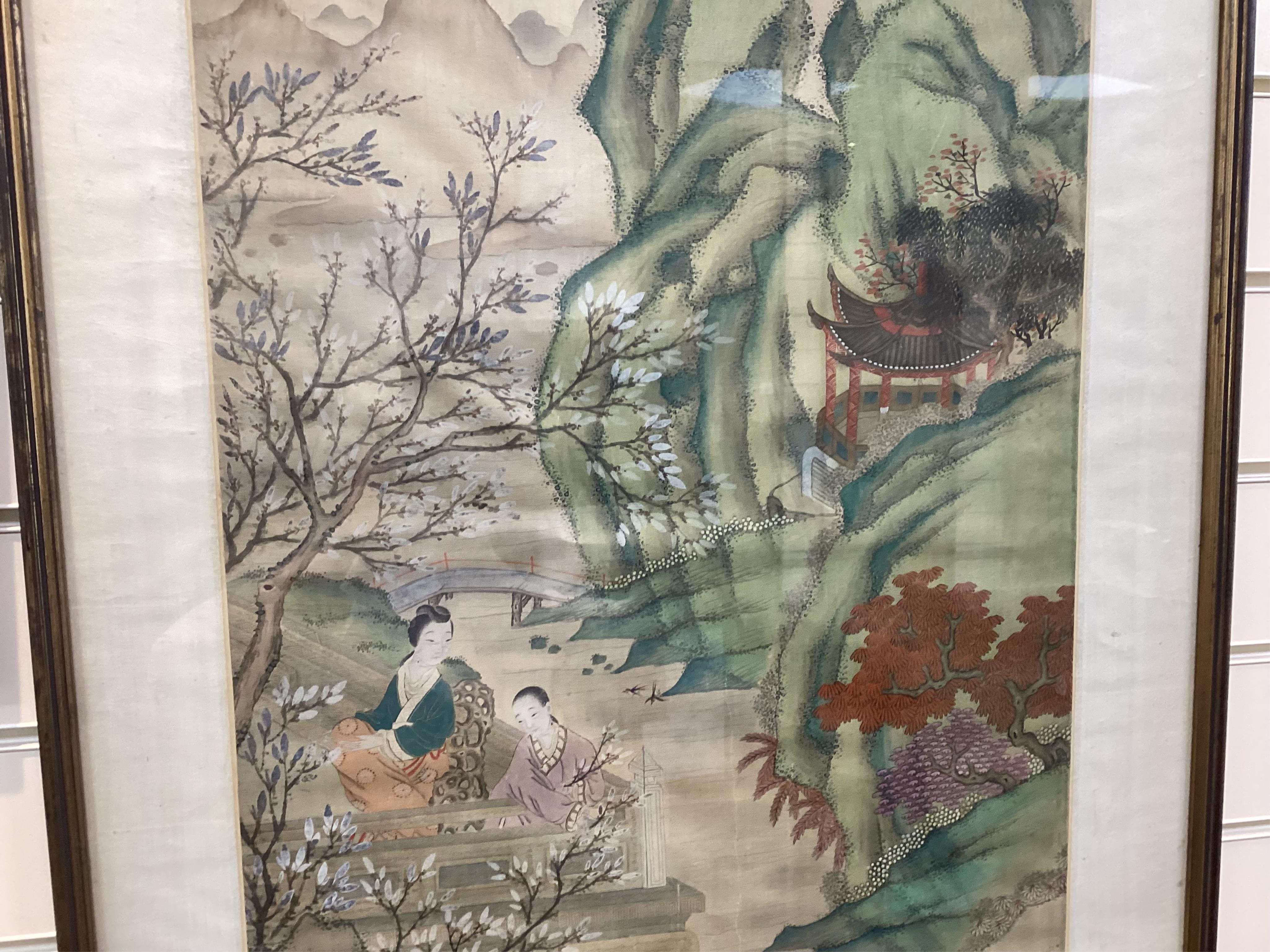 Chinese School , (late 19th century), Ladies in a garden, Ink and colour on silk, 107cm x 41cm, excluding brocade border